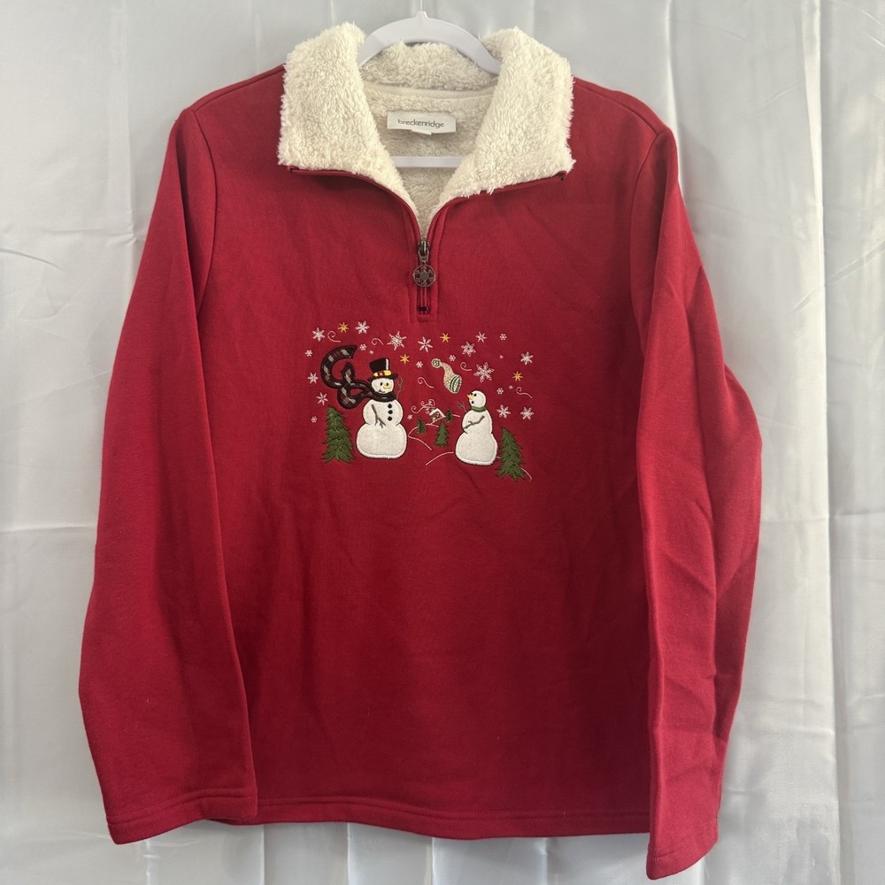 Breckenridge Womens Quarter Zip Sweatshirt Sherpa Collar Red Snowman L